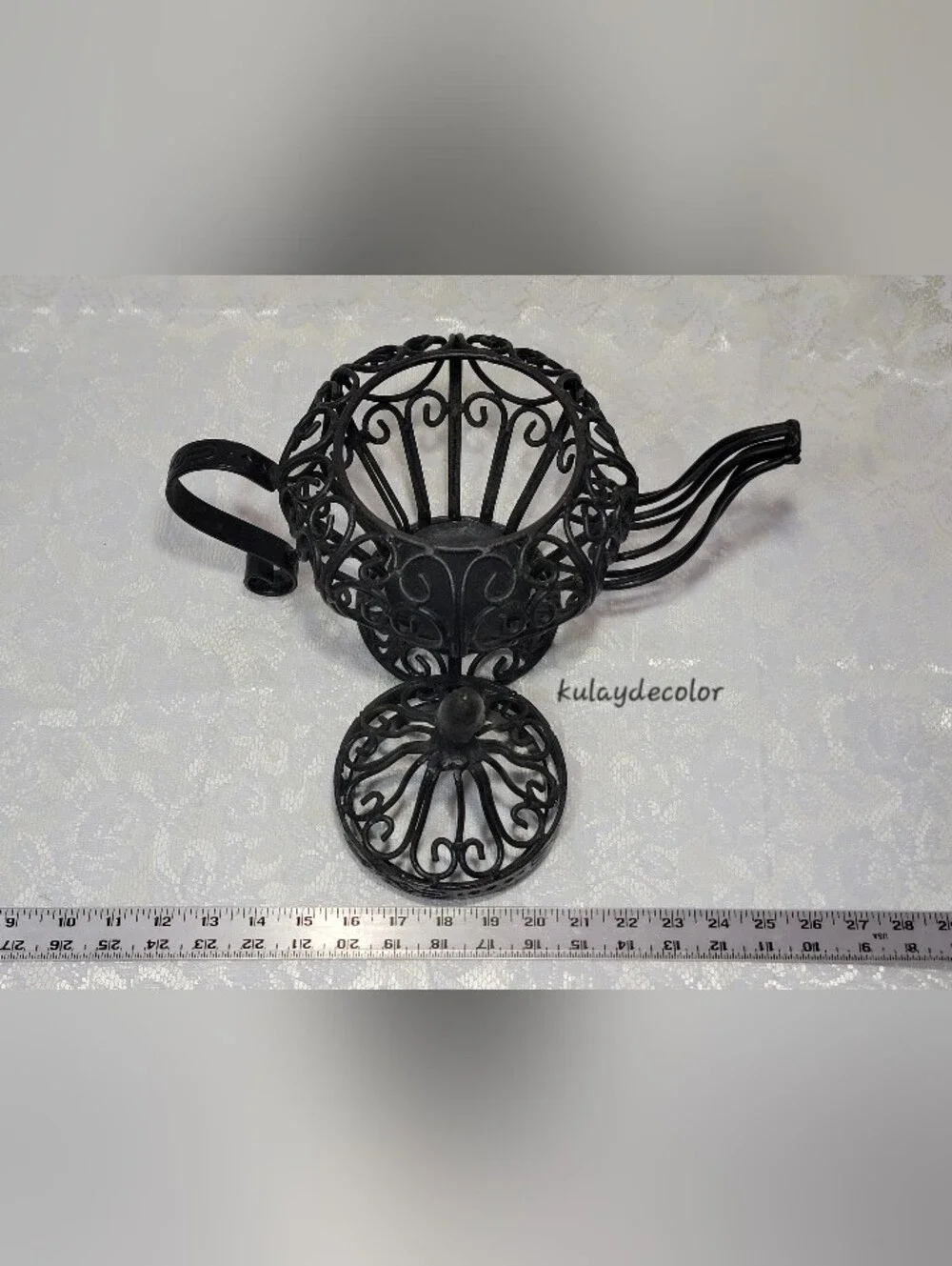 Filigree Style Wrought Iron Teapot Lantern Candle Holder Black Scroll Home Decor
